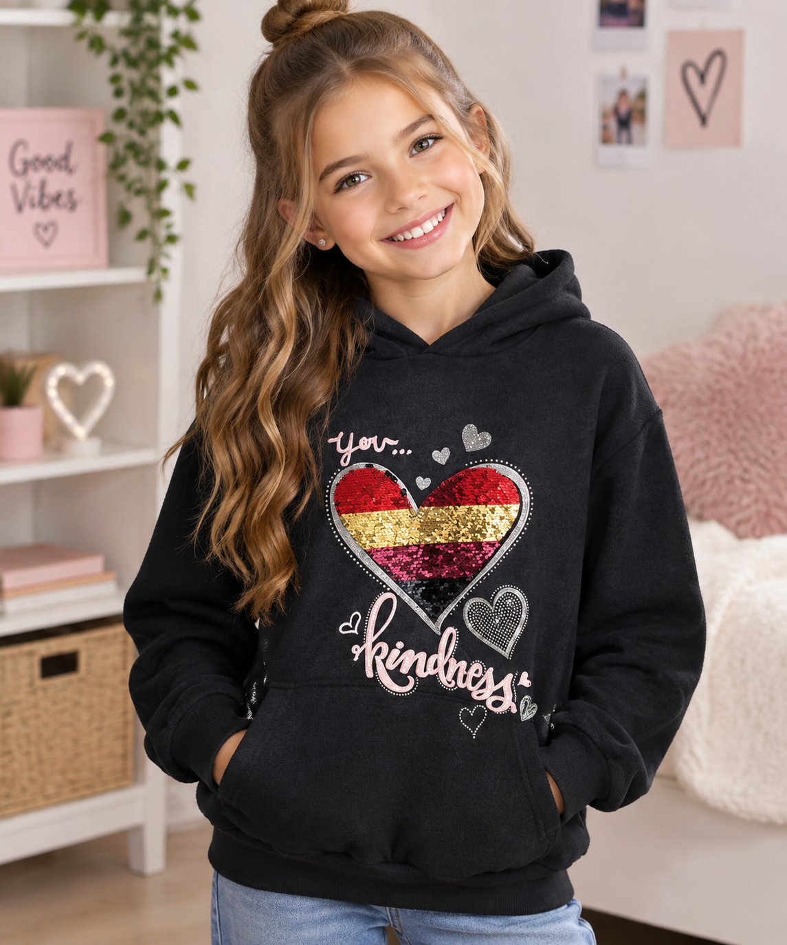 🖤 Kinder Hoodie “Kindness” – met Pailletten Hart
