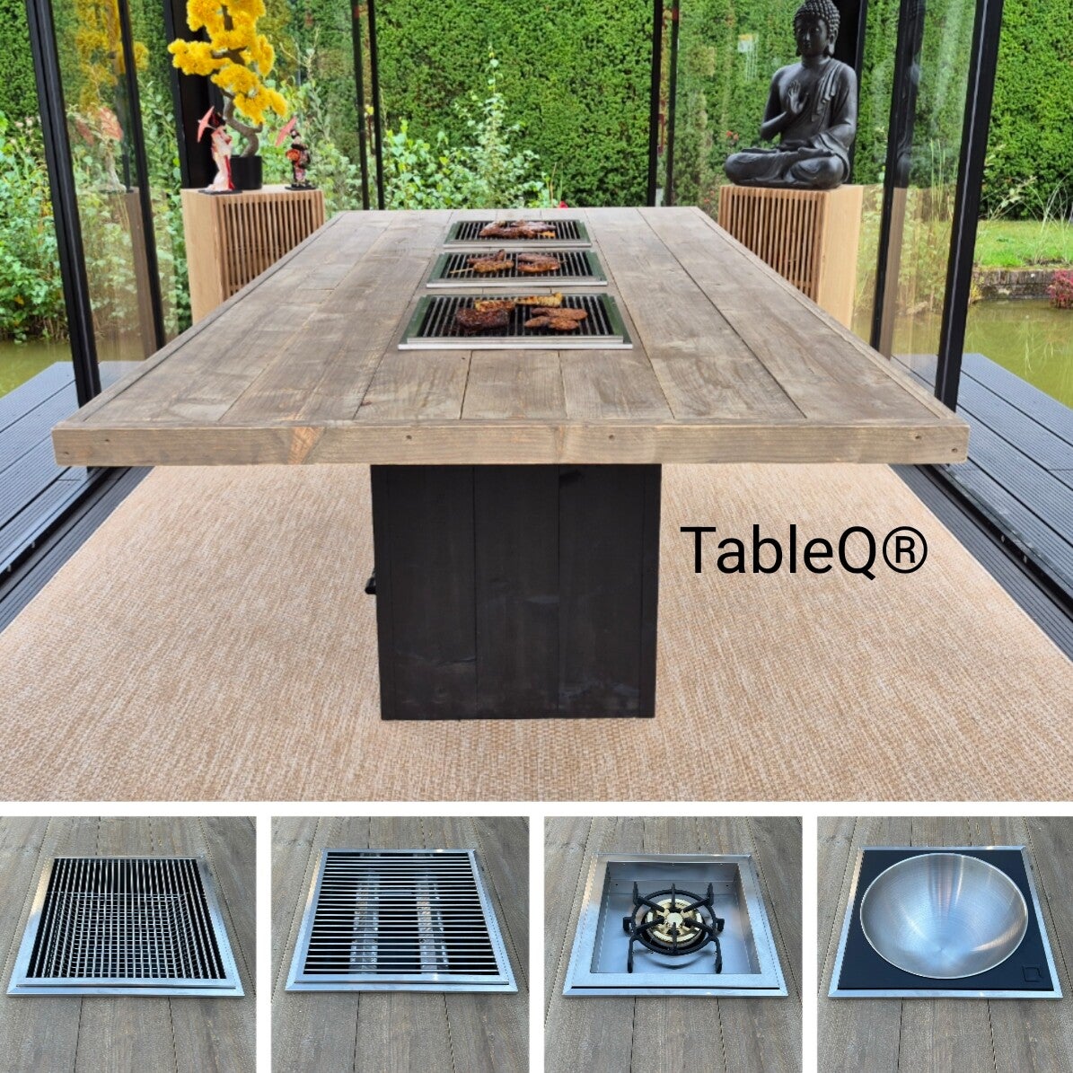 Eettafel met drie ingebouwde barbecue elementen. Houtskoolbarbecue, gasbarbecue, wokbrander en RVS serveerschaal.