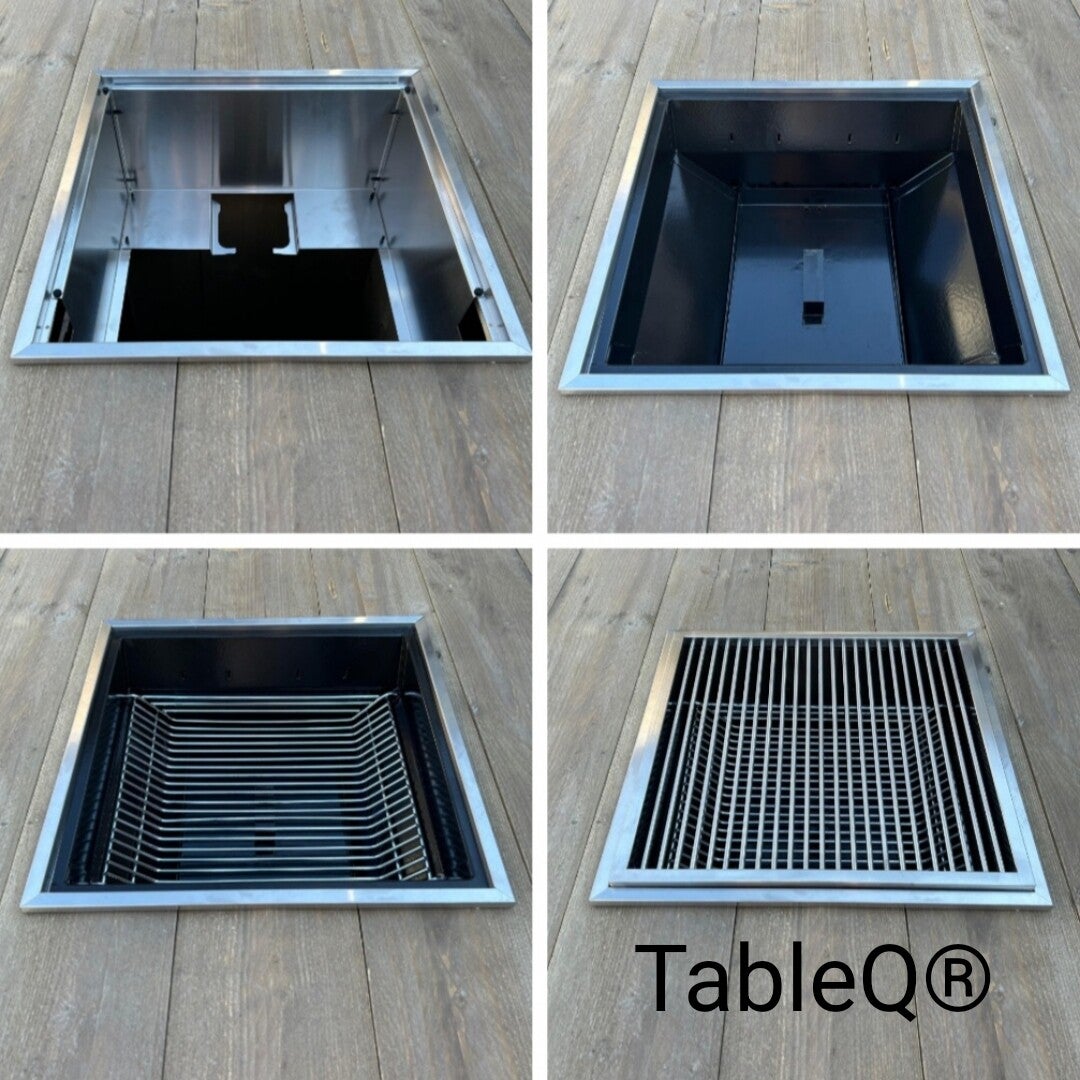 De houtskoolbarbecue van oneQ bestaat uit een adapter, een socket, een opvangbak, een as bak, een onder rooster en een boven rooster.