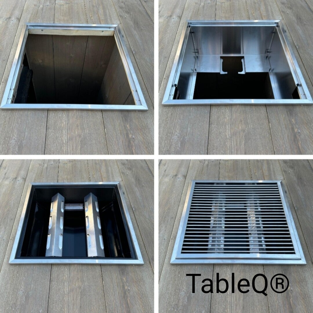 De gasbarbecue van oneQ bestaat uit een adapter, een socket, de gasbbq met 2 gas staven en 2 vlamverdelers en een grill rooster.