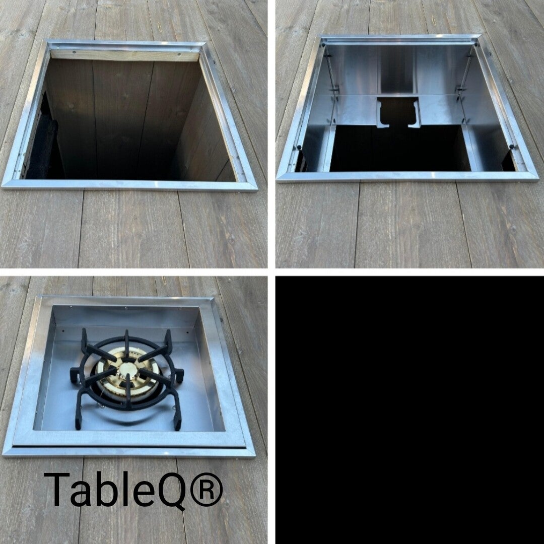 De wokbrander van oneQ bestaat uit een adapter, een socket en een gaspit. 