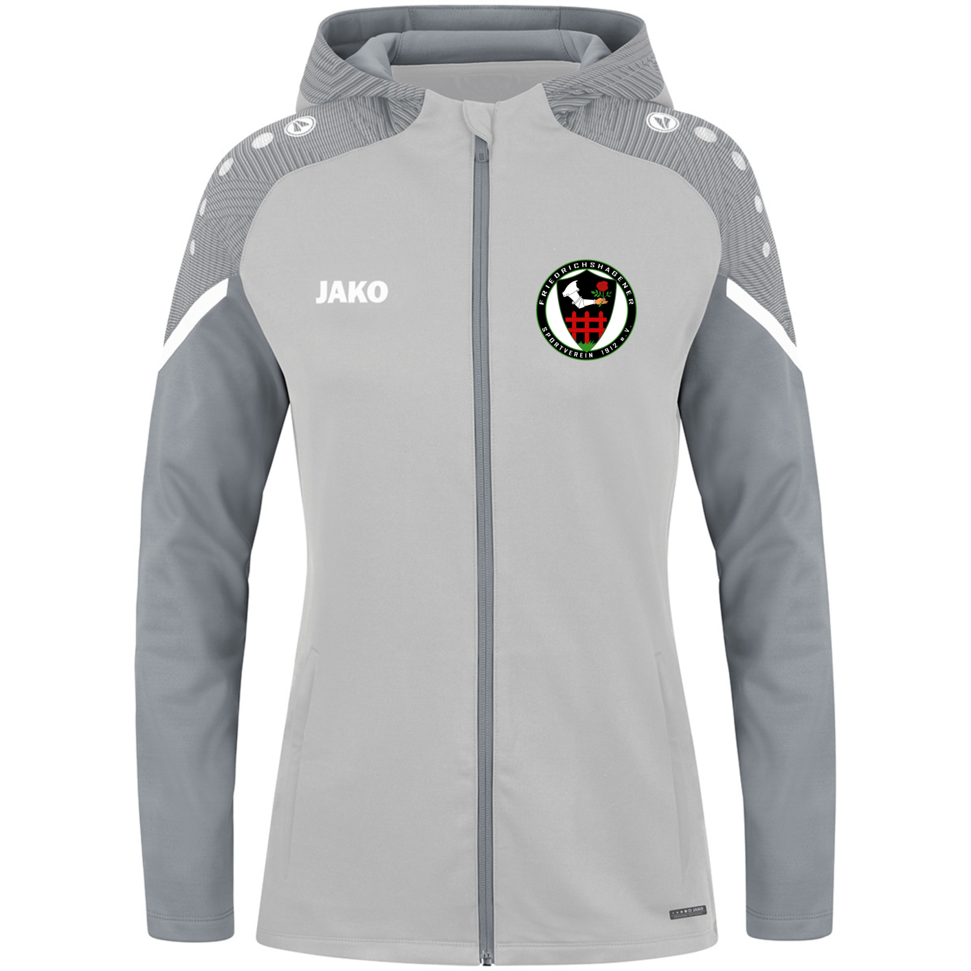 JAKO Damen Kapuzenjacke Performance grau Gr. 38 inkl. Vereinslogo