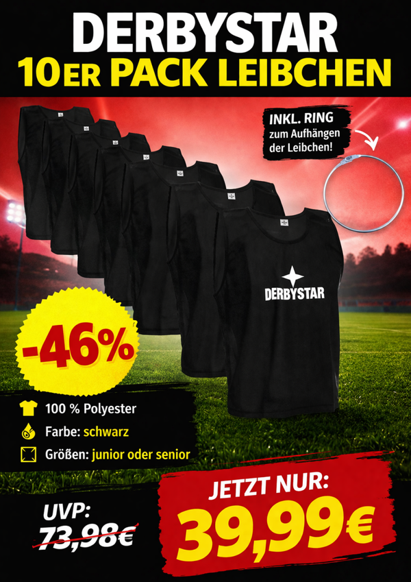 10x DERBYSTAR Leibchen schwarz Gr. junior/senior + Ring