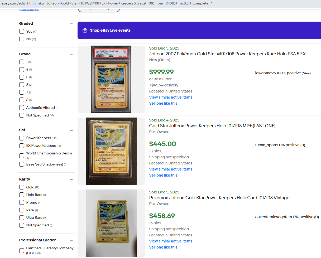 Jolteon Goldstar listings Ebay