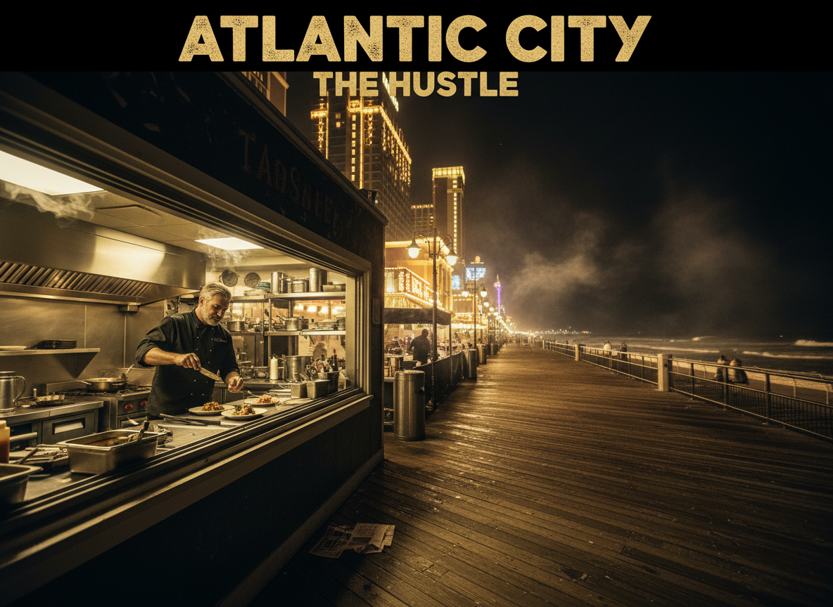 Neon boardwalk and fast-paced kitchen energy representing Atlantic City the Hustle