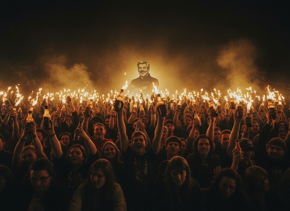Crowd of fans raising bottles of sauce representing the Weck'd Nation
