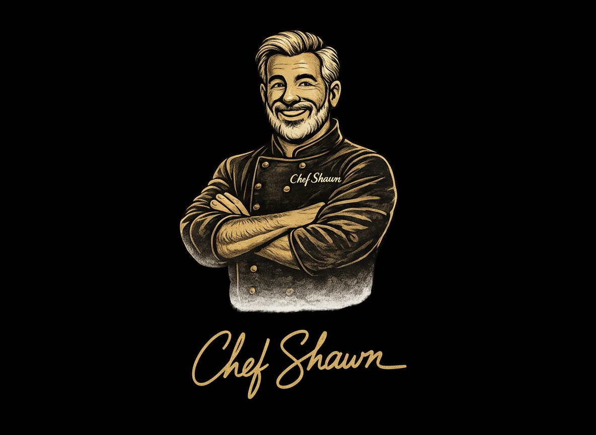 Duotone caricature of Chef Shawn