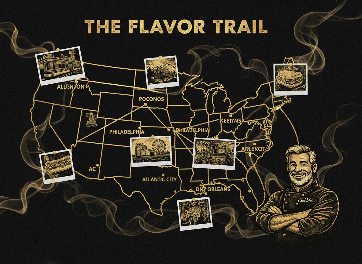 Stylized US map with flavor trails representing a national chef-driven brand