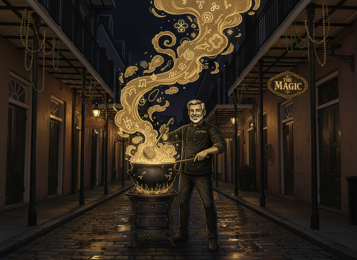 Moody New Orleans street with jazz and spice representing the Magic