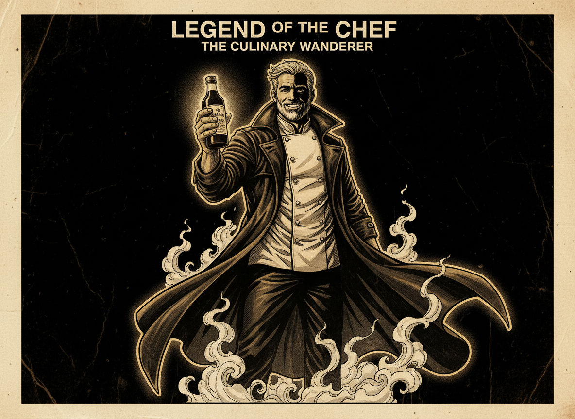 Heroic stylized illustration of Chef Shawn as a culinary legend