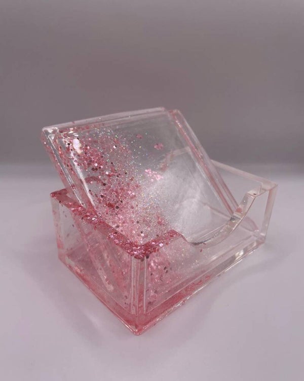 Set glitter roze : houder + 4 onderleggers
