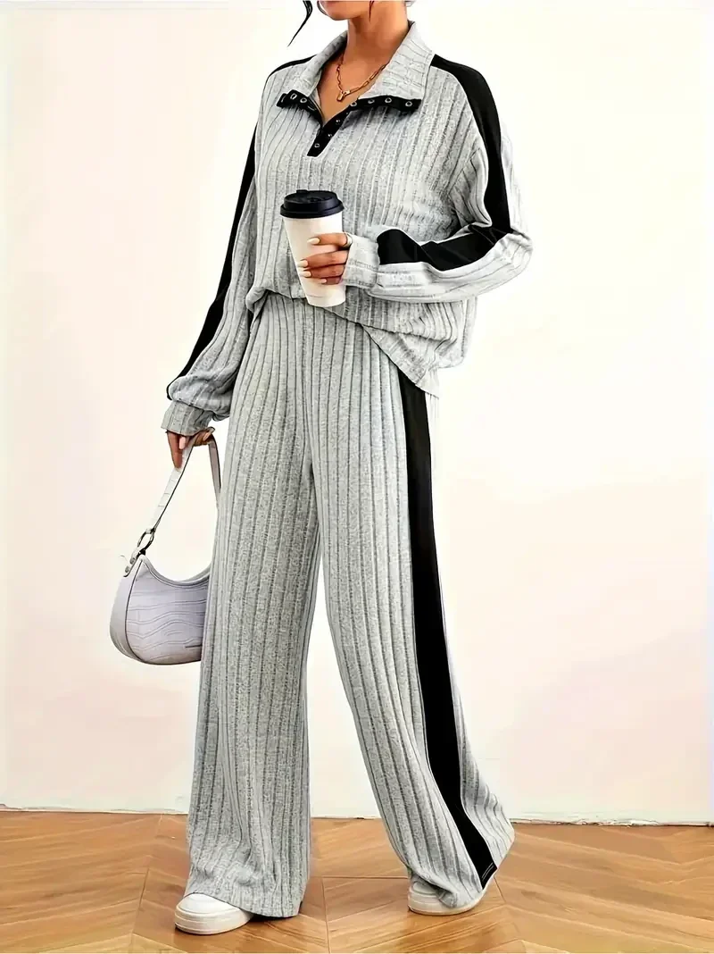 Fashionable ribbed sports two-piece suit, unique style neckline