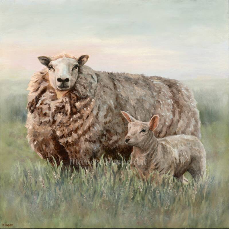 Realistisch schapenschilderij van een moederschaap met een lammetje.