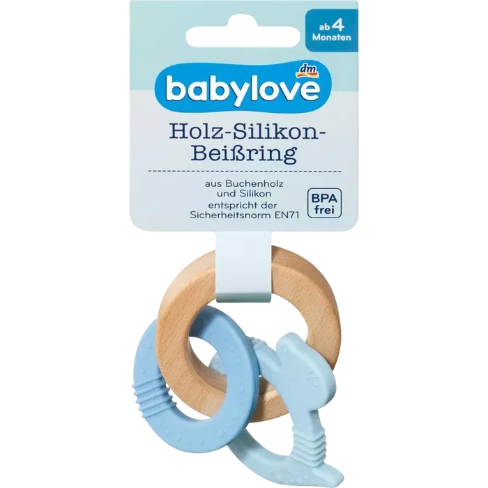 Babylove Houten siliconen bijtring Dino/blauw, 1 stuk