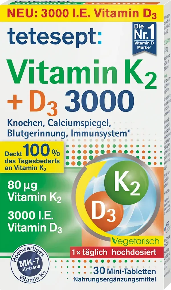 Vitamine K2 + D3 3000 minitabletten 30 stuks, 9,2 g
