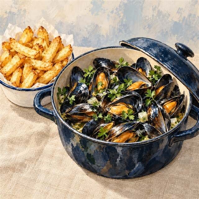 Illustration d’une cocotte de moules et de frites de L’Alcyone