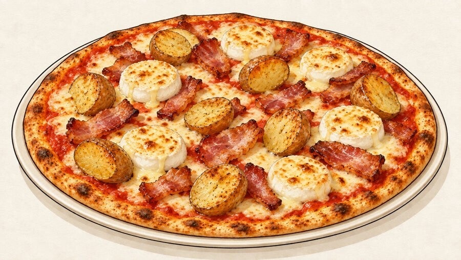 Illustration de la pizza Cabécou, au chèvre, aux pommes de terre grenailles et au lard paysan.