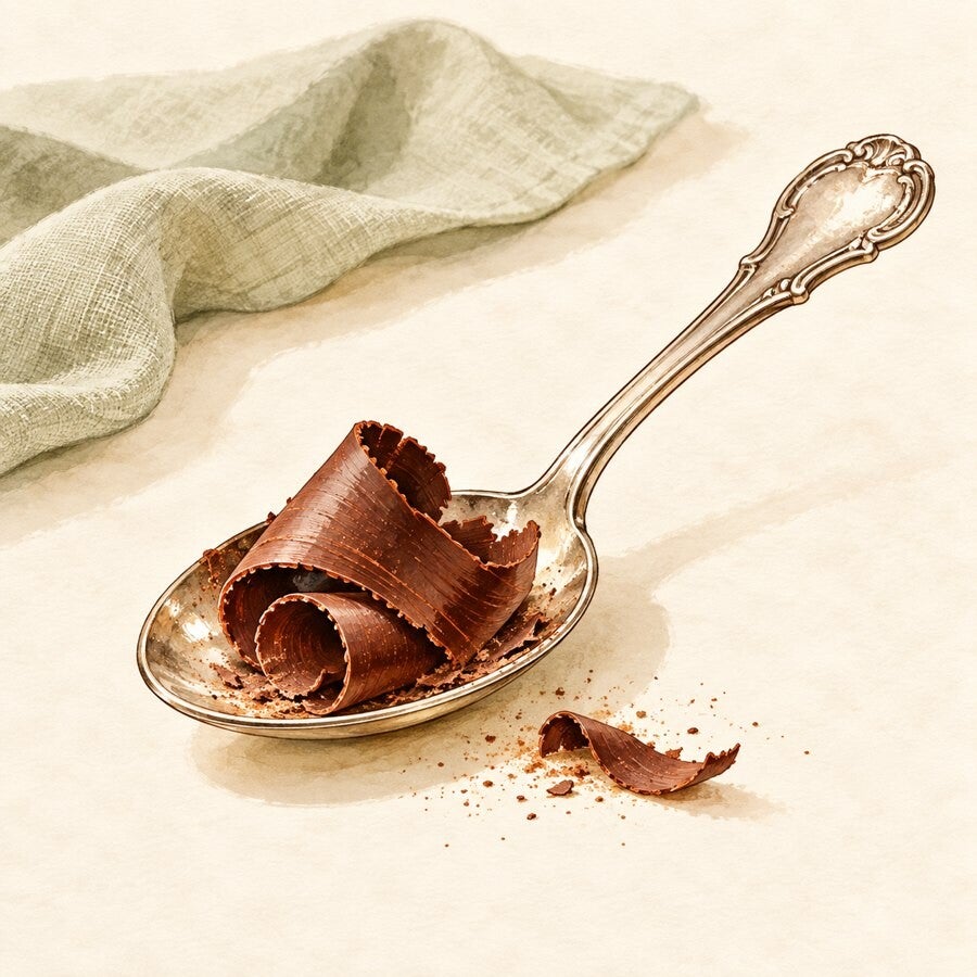 Aquarelle d’une cuillère et de copeaux de chocolat sur un linge vert sauge.