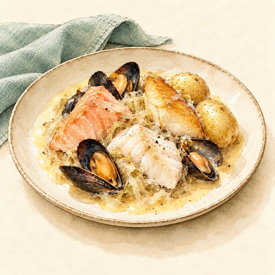 Aquarelle de la choucroute de la mer de L’Alcyone : poissons, moules et pommes vapeur.