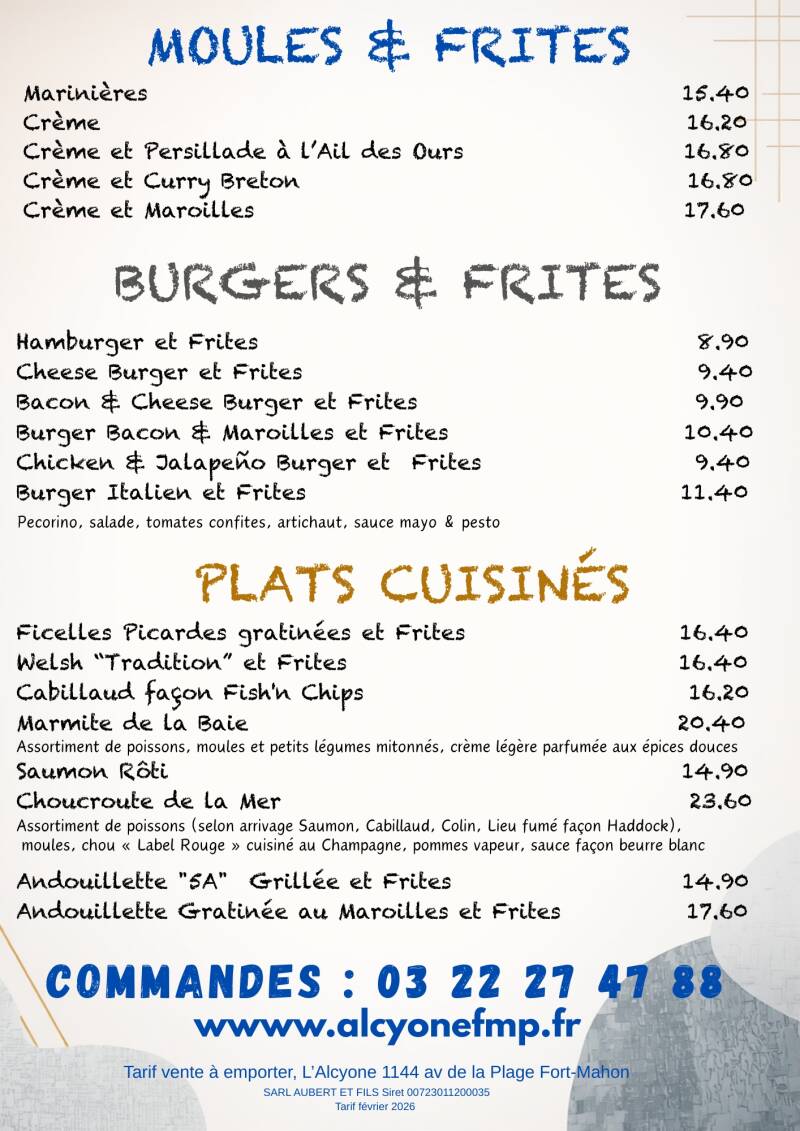 Tarif des plats à emporter à L'Alcyone  Fort-Mahon