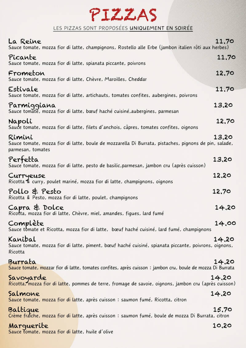 Tarif des Pizzas à emporter à l'Alcyone Fort-Mahon