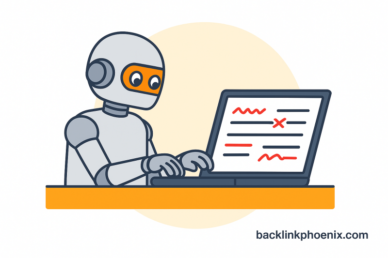 Backlink Phoenix illustration – AI robot writing SEO content for website optimization