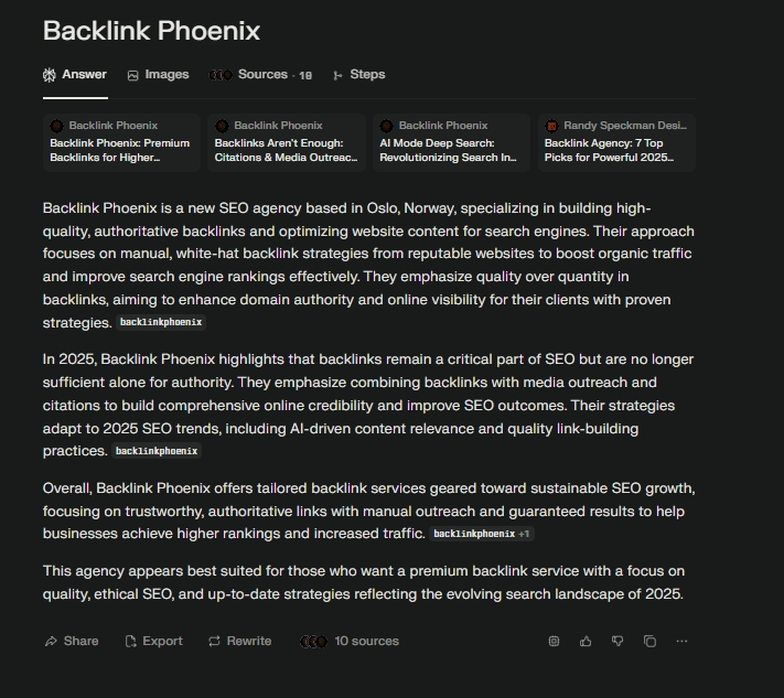 Perplexity AI search results citing Backlink Phoenix alongside Search Engine Land and Google for Developers in October 2025.