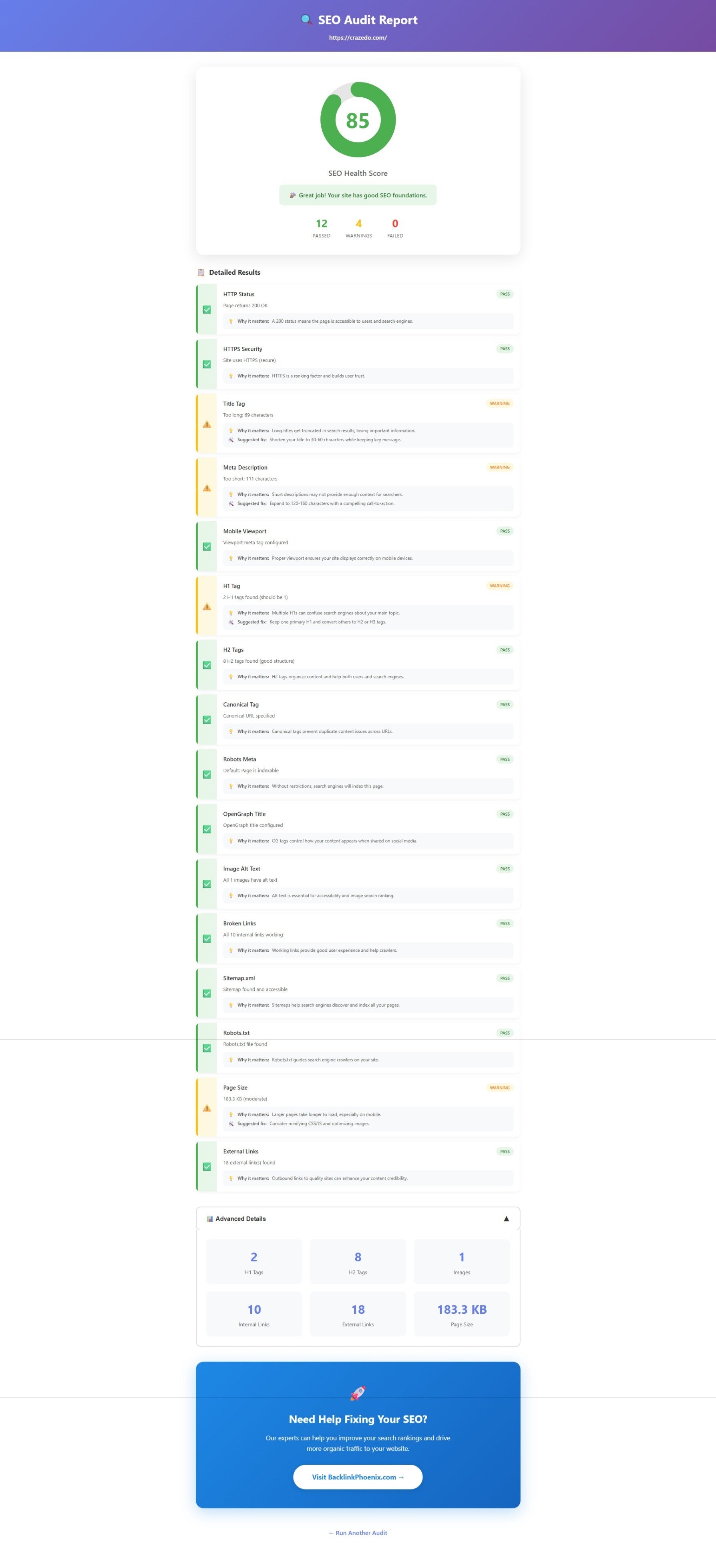 seo audit tool Backlink Phoenix website audit report preview