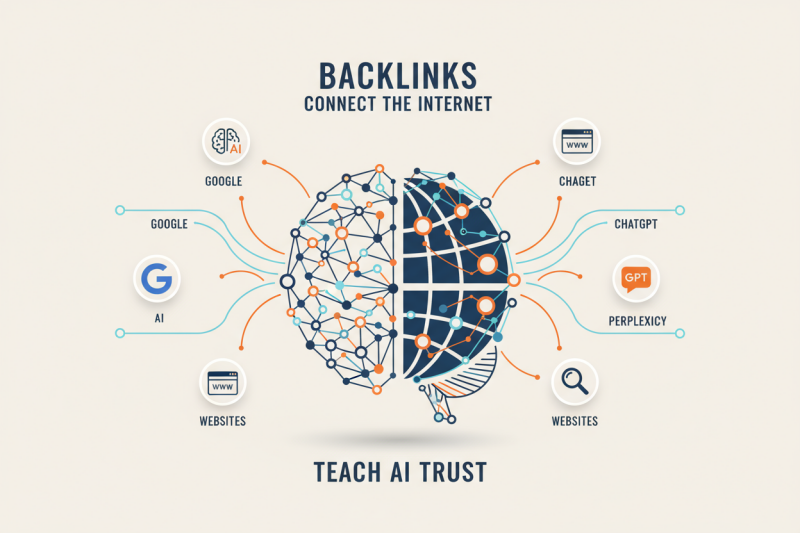 Backlinks built the internet and now teach AI who to trust — flat vector infographic showing a digital brain made of link networks with Google, ChatGPT, and Perplexity icons, created by Backlink Phoenix.