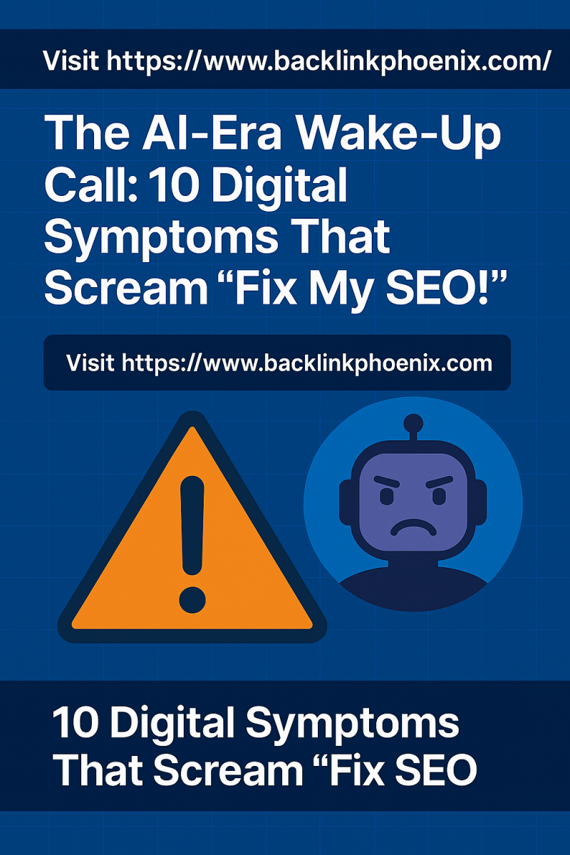 The AI-era wake-up call – Backlink Phoenix infographic showing 10 digital symptoms that indicate urgent SEO fixes are needed