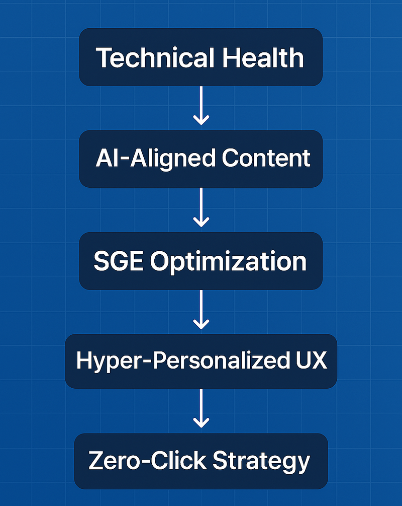 AI-driven SEO strategies – Backlink Phoenix infographic showing technical health, AI-aligned content, SGE optimization, hyper-personalized UX, and zero-click strategy for 2025