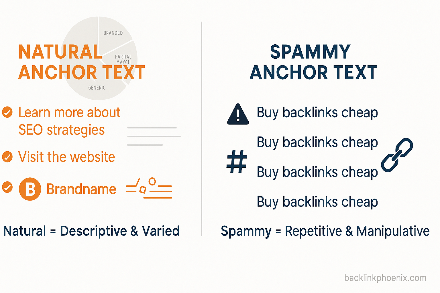 Anchor text infographic showing natural descriptive links vs spammy keyword-stuffed links – Backlink Phoenix