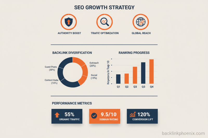 Flat vector infographic showing interconnected circles labeled Entity SEO, Google, Wikipedia, LinkedIn, and Backlink Phoenix, illustrating how AI learns brand identity — Backlink Phoenix.