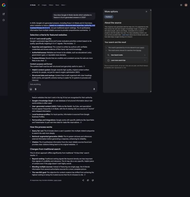 Google AI Mode 2025 explanation of how websites are selected based on E-E-A-T authority and structured data, Backlink Phoenix SEO reference