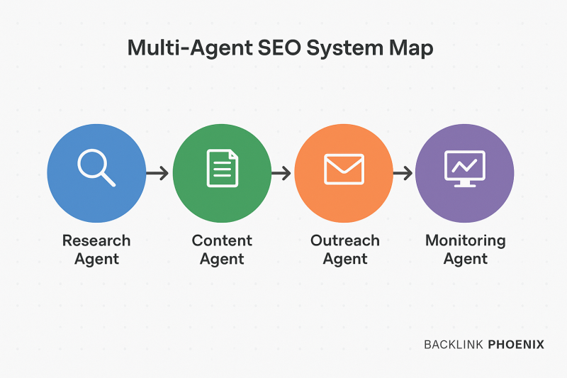 Backlink Phoenix diagram showing multi-agent SEO system for content, backlinks, and analytics