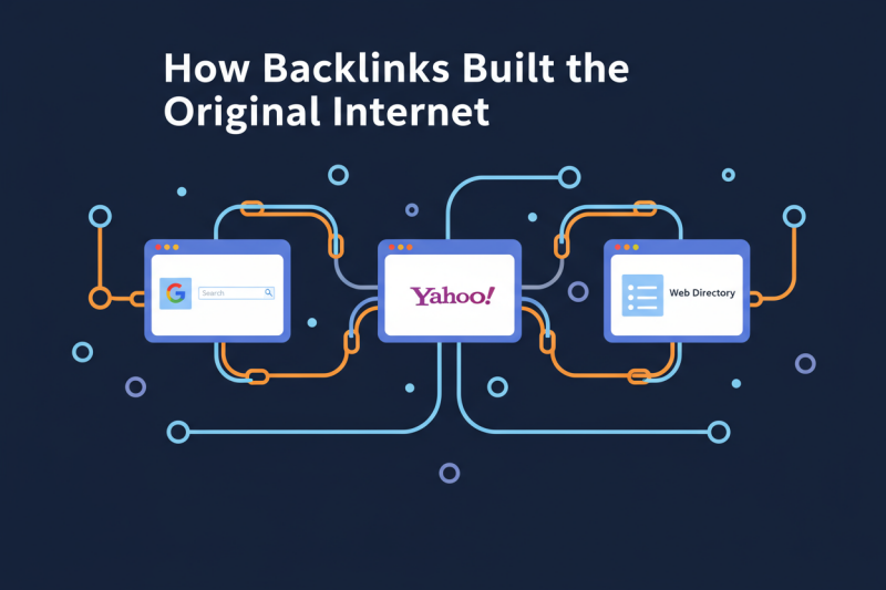 Flat vector infographic showing early internet browser windows connected by digital backlinks, illustrating how backlinks built the original internet — Backlink Phoenix.