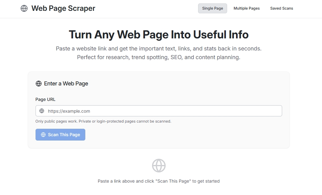 Web page scraper tool interface titled ‘Turn Any Web Page Into Useful Info’ with URL input form