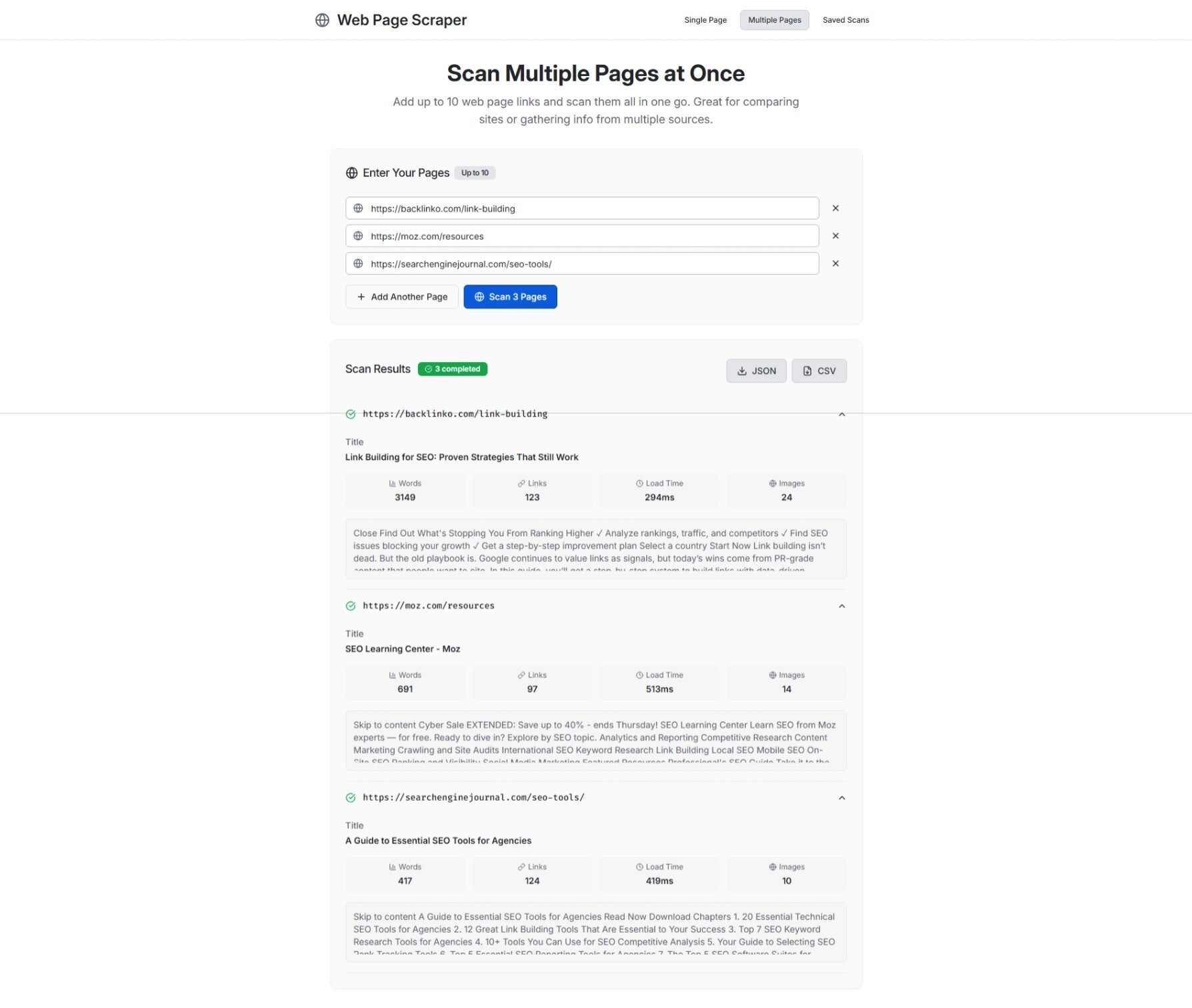 Crazedo scraping multiple URLs at once to extract headings and key on‑page elements