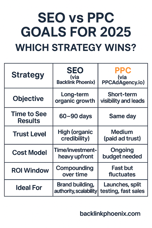Backlink Phoenix SEO vs PPC goals table for 2025 showing cost per lead, ROI, and time to results