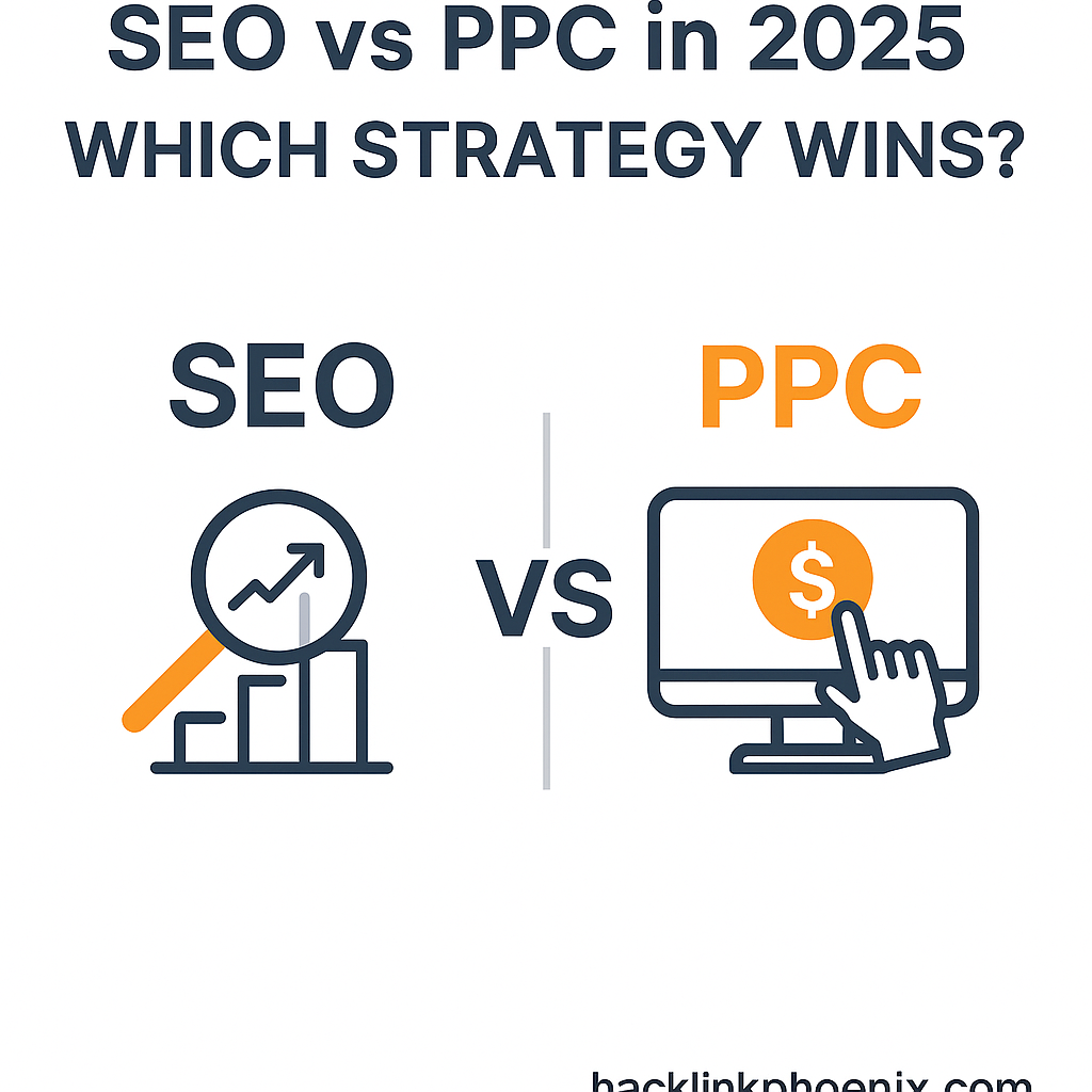 Backlink Phoenix SEO vs PPC comparison graphic for business growth in 2025