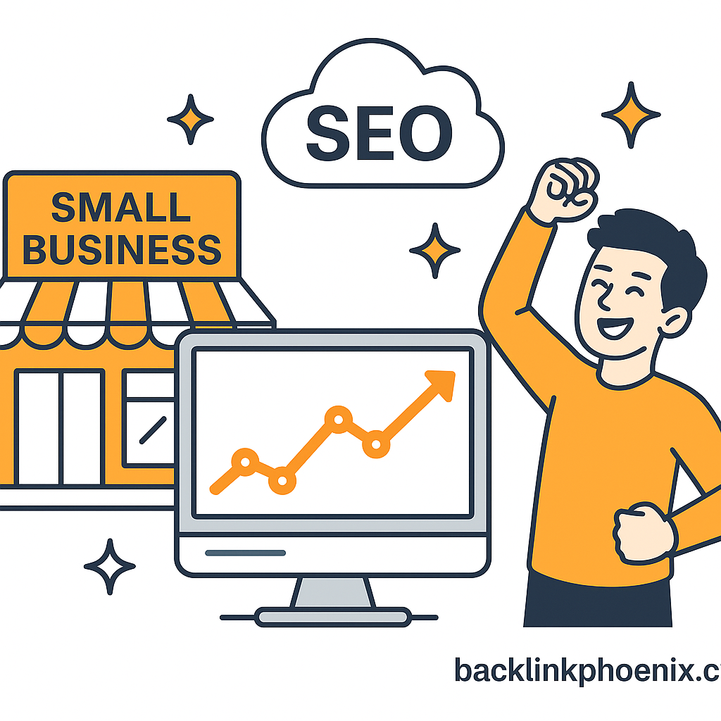 Illustration of a small business storefront, a computer screen with an upward SEO growth graph, and a celebrating person under a cloud labeled SEO.