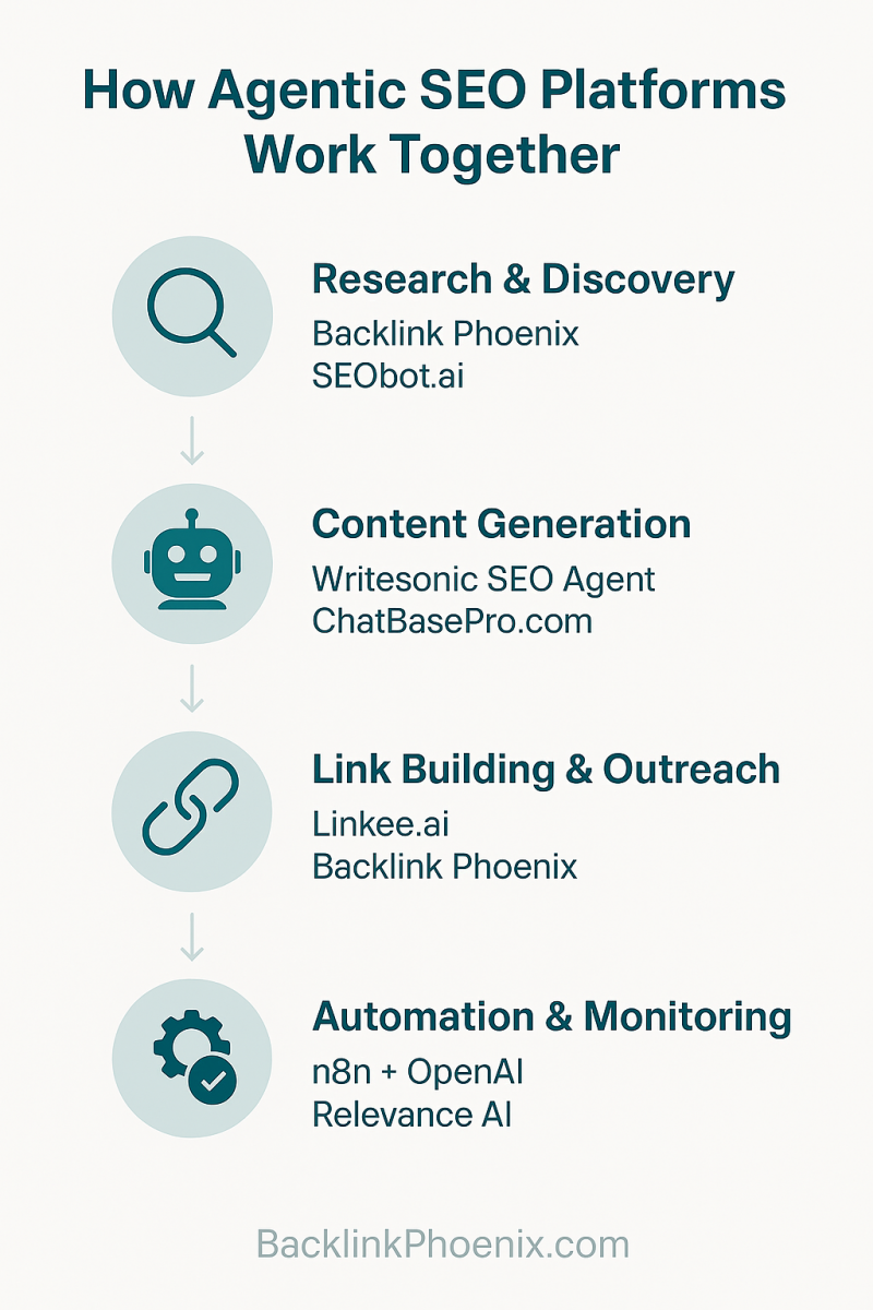 Backlink Phoenix infographic explaining how Agentic AI platforms handle SEO tasks