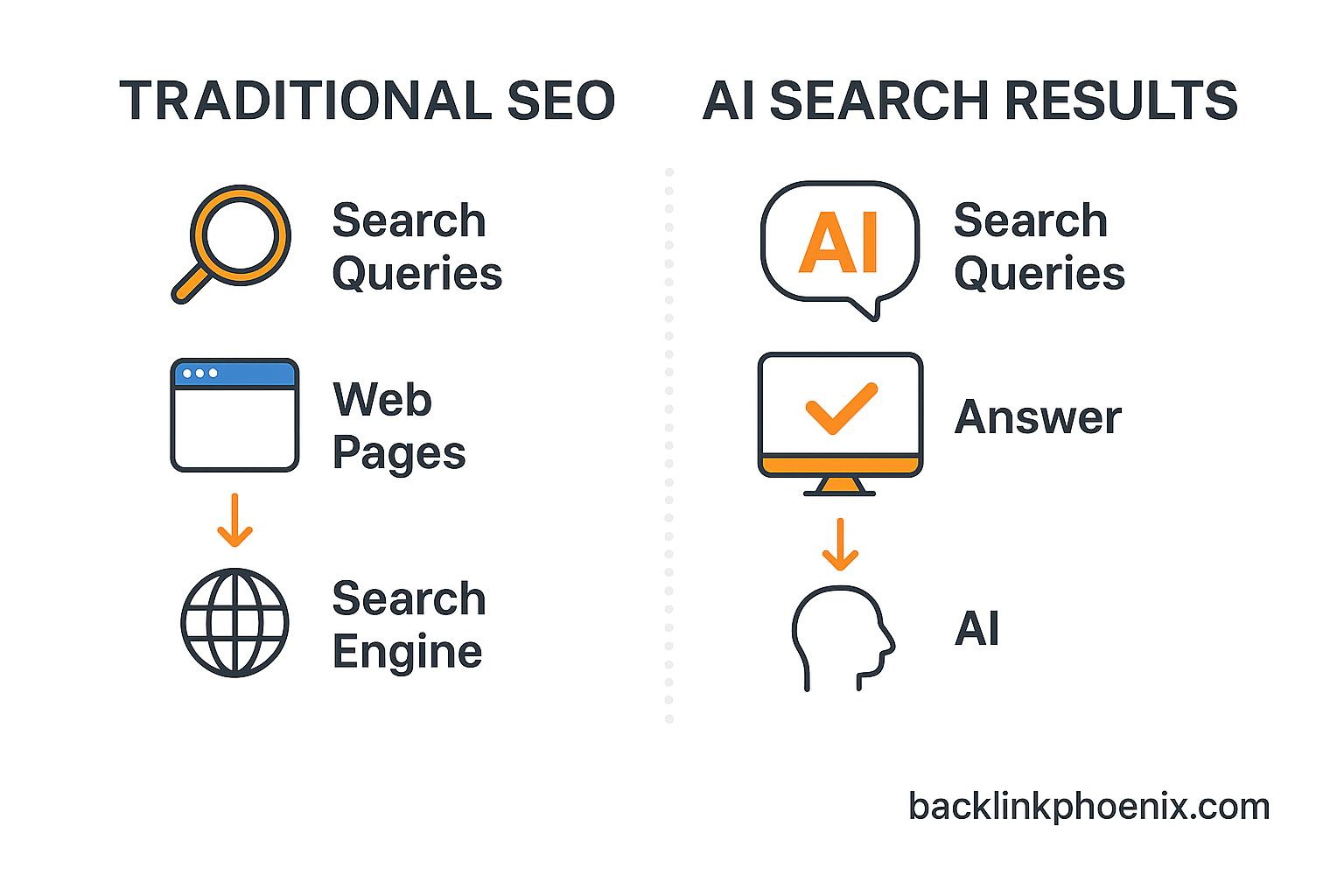 Backlink Phoenix comparison – traditional SEO search vs AI-generated answer engine results
