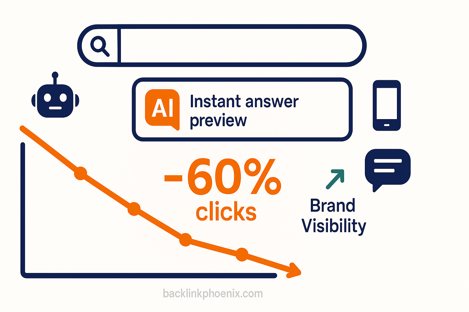 Zero click searches AI driven behaviour declining clicks rising visibility Backlink Phoenix infographic