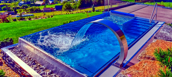 Simple Stainless steel Pool size: H=4'-5'  W=12'  L=30' with lounger seats, waterfall, hydro massage, and lights features