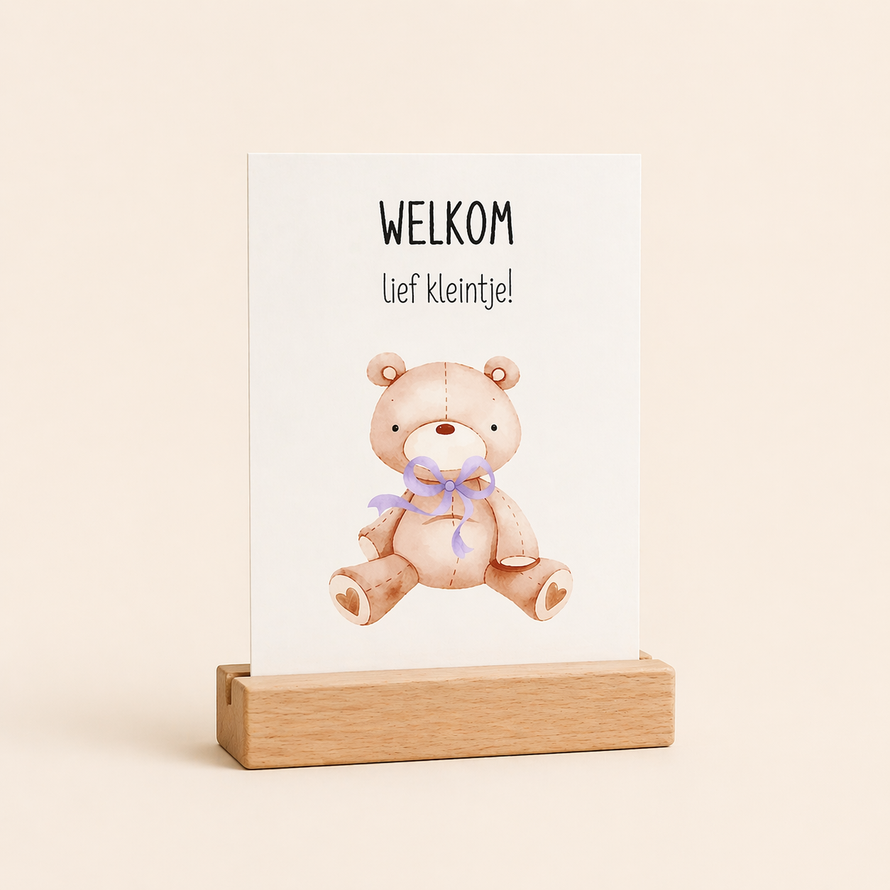 Wenskaart | Geboorte | Beer paarse strik