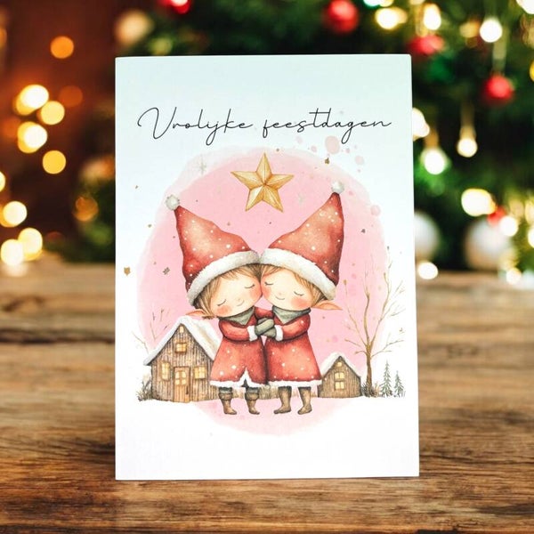 Kerstkaart | Kerstelfjes knuffel