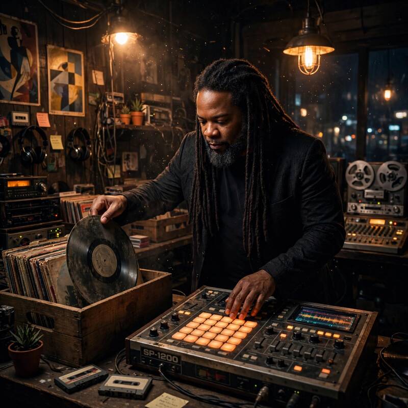 Boom Bap producer with SP-1200 and vinyl