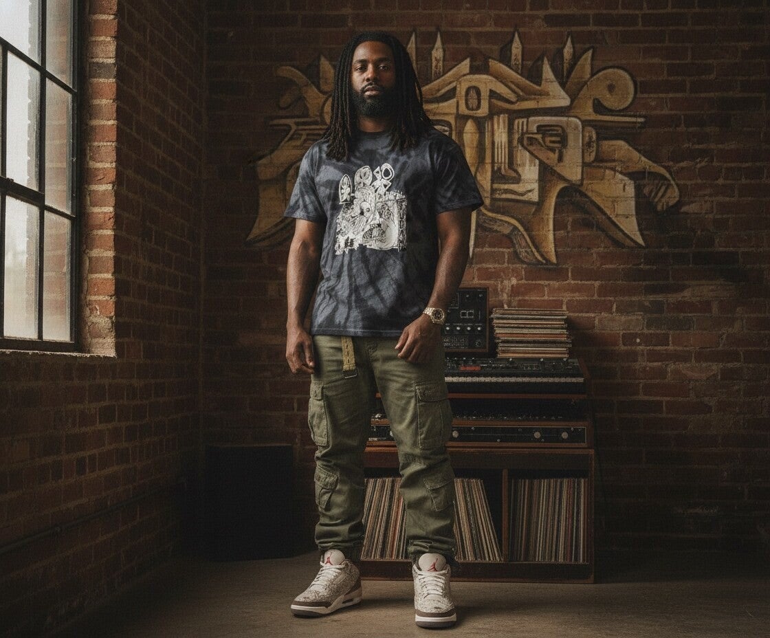 Origins Tee styled in a brick-walled music studio with records and music equipment