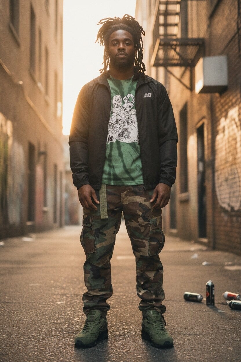 Origins Tee styled with a dark jacket and camouflage trousers on a sunlit city street